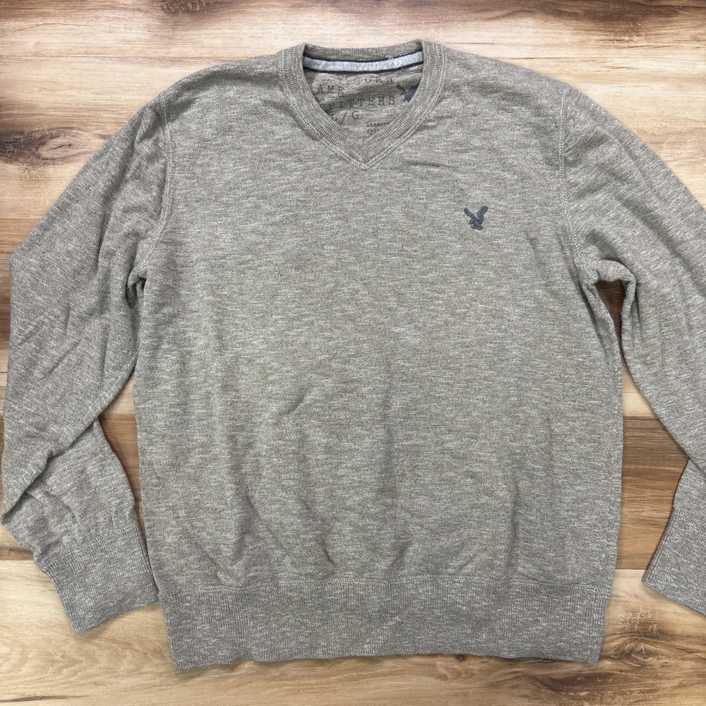 American Eagle V-Neck Sweater Large Gray Cotton Pullover Classic Fit Mens